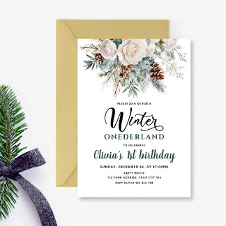 Evergreen Winter Onederland Erster Geburtstag Einladung