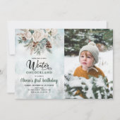 Evergreen Winter Onederland Erster Geburtstag Foto Einladung (Vorderseite)