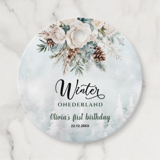 Evergreen Winter Onederland Erster Geburtstag Geschenkanhänger (Vorderseite)
