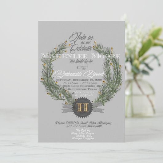 Evergreen Wreath mit Monogramm Einladung (Stehend Vorderseite)