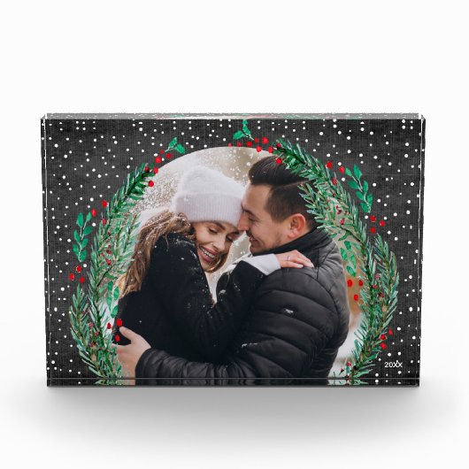Evergreen Wreath Snow Christmas Black Foto Block (Vorderseite)