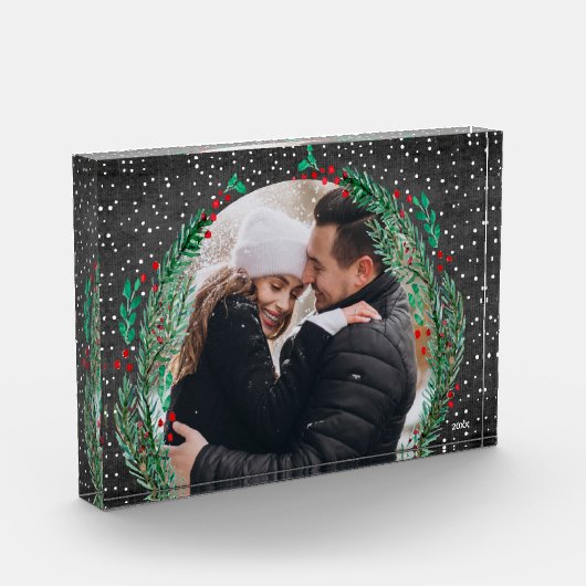 Evergreen Wreath Snow Christmas Black Foto Block (Links)