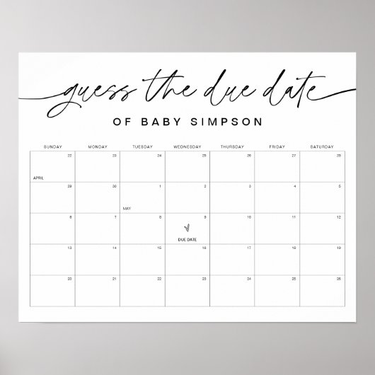 EVERLEIGH Guess Due Date Baby Shower Game 16x20 Poster (Vorne)