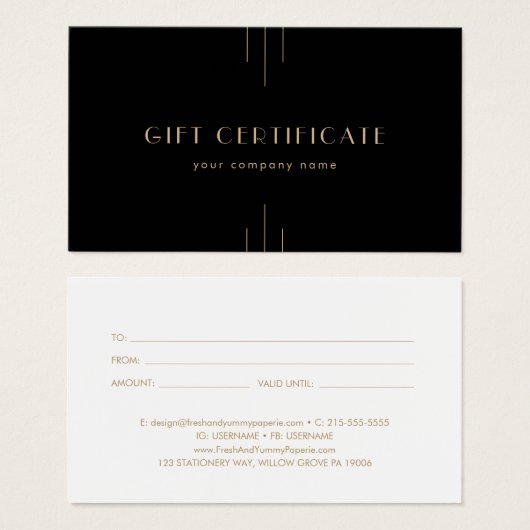 EVERLY Art Deco Black and Gold Gift Certificate (Vorne & Hinten)