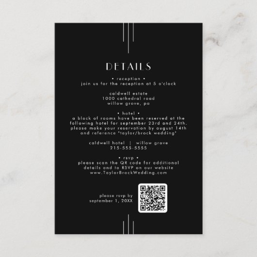 EVERLY Art Deco Black QR Code Hochzeitsdetails Begleitkarte (Vorderseite)