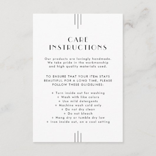 EVERLY Art Deco Business Product Care Instructions Begleitkarte (Vorderseite)