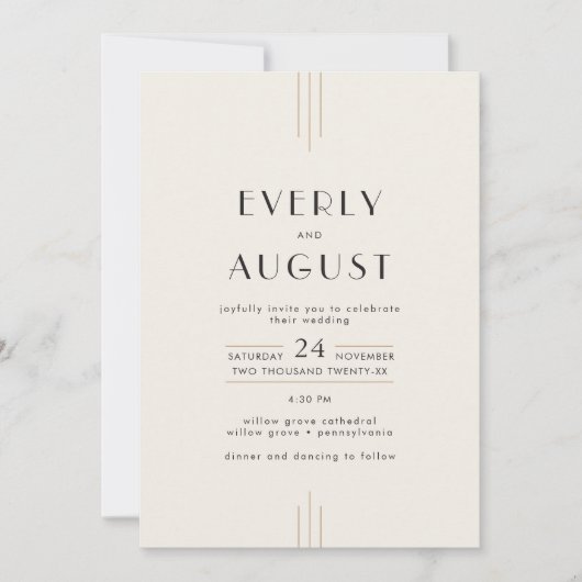 EVERLY Art Deco Elfenbeingoldschwarzer QR Code Hoc Einladung (Vorderseite)