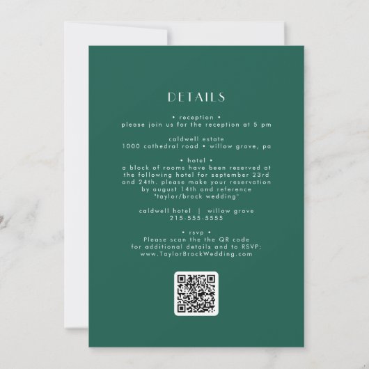 EVERLY Art Deco Emerald Green QR Code Wedding Einladung (Rückseite)