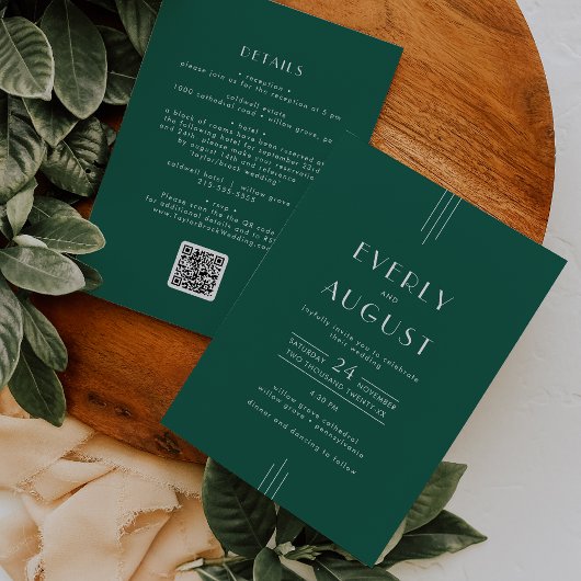 EVERLY Art Deco Emerald Green QR Code Wedding Einladung