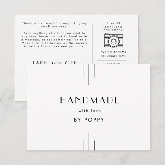 EVERLY Art Deco Handmade with Love Thank You Order Begleitkarte (Vorne/Hinten)