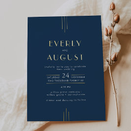 EVERLY Art Deco Navy Blau- und Goldfolien-Hochzeit Folieneinladung