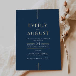 EVERLY Art Deco Navy Blau- und Goldfolien-Hochzeit Folieneinladung