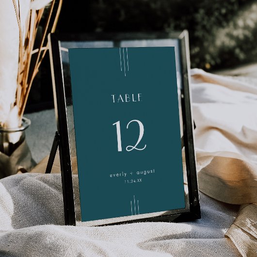 EVERLY Art Deco Peacock Teal Wedding Table Numbers Einladung