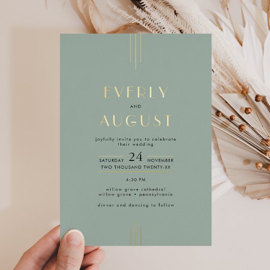 EVERLY Art Deco Sage Green and Gold Foil Wedding Folieneinladung