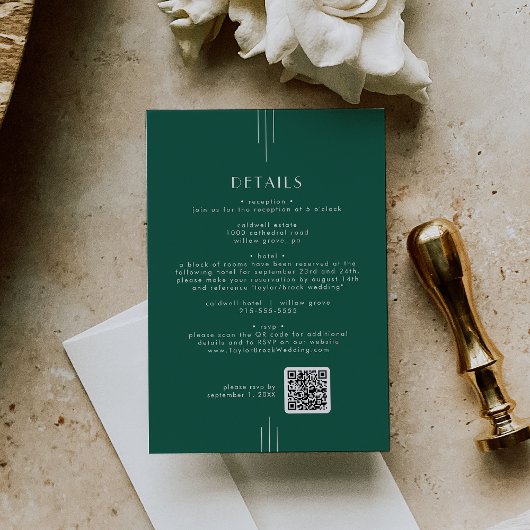 EVERLY Art Deco Smaragd QR-Code Hochzeitsdetails Begleitkarte
