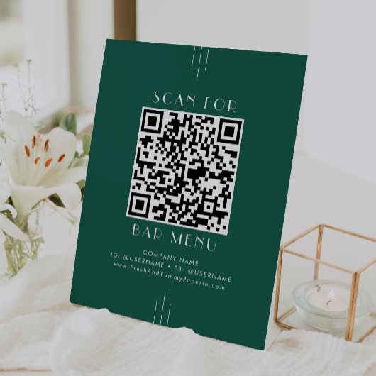 EVERLY Art Deco Smaragdgrün Bar Menu QR Code Sockelschild