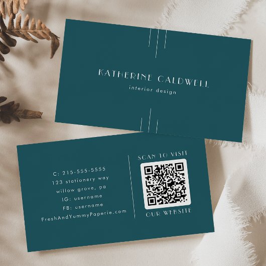 EVERLY Einfache Retro Art Deco Pfau Teal QR Code Visitenkarte