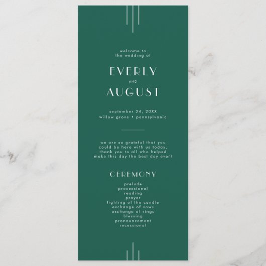 EVERLY Jewel Tone Art Deco Emerald Green Wedding Programm (Vorderseite)