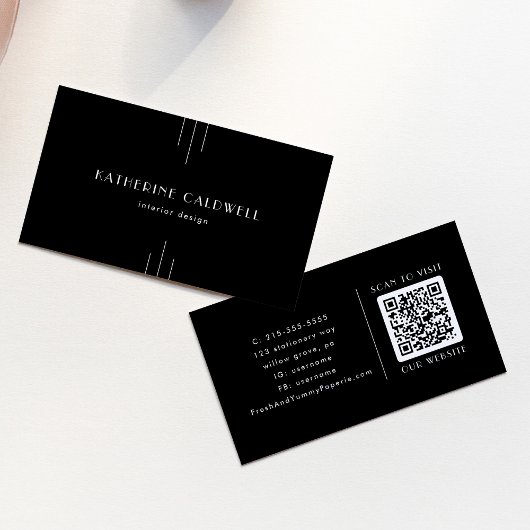 EVERLY Moderne Art Deco Schwarz-Weiß-QR-Code Visitenkarte