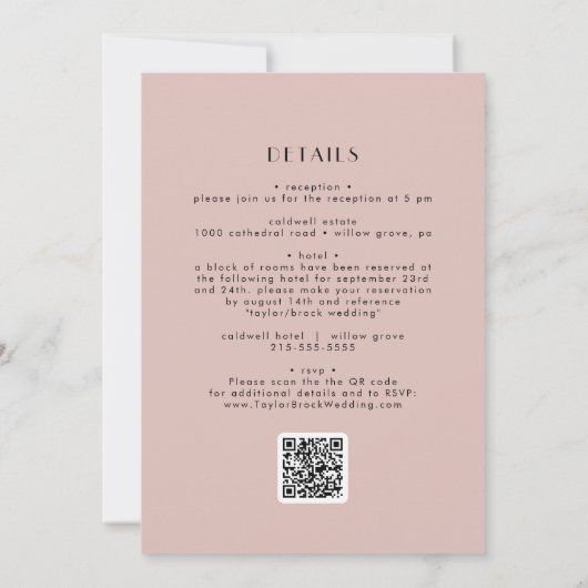 EVERLY Retro Art Deco Blush Pink QR Code Hochzeit Einladung (Rückseite)