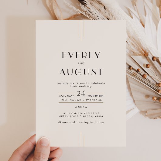 EVERLY Retro Art Deco Ivory Gold Black Wedding Einladung