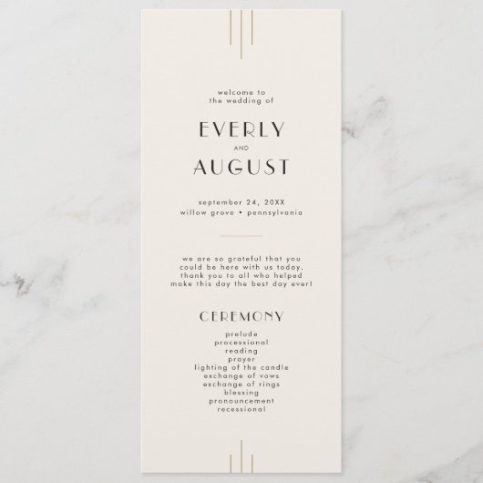 EVERLY Retro Art Deco Ivory Gold Black Wedding Programm (Vorderseite)