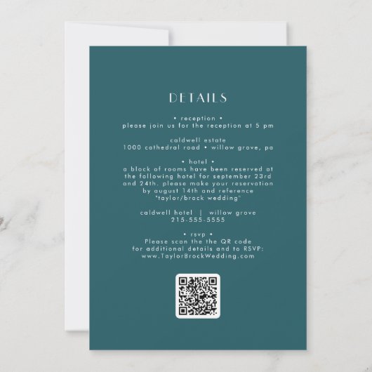 EVERLY Retro Art Deco Peacock Teal QR Code Wedding Einladung (Rückseite)