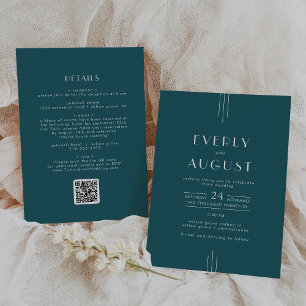 EVERLY Retro Art Deco Pfau Teal QR-Code Hochzeit Einladung