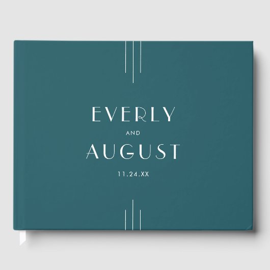 EVERLY Simple Retro Art Deco Peacock Teal Wedding Gästebuch (Vorderseite)