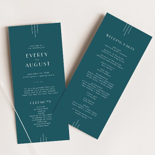 EVERLY Simple Retro Art Deco Peacock Teal Wedding Programm