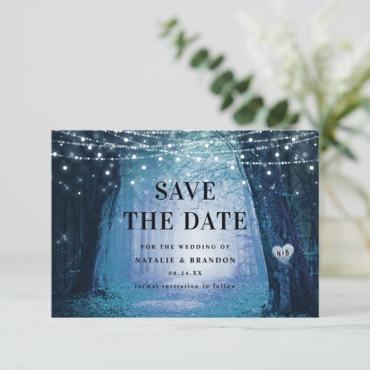 Evermore | Bezauberter Fairy Forest | Blue Wedding Save The Date (Stehend Vorderseite)