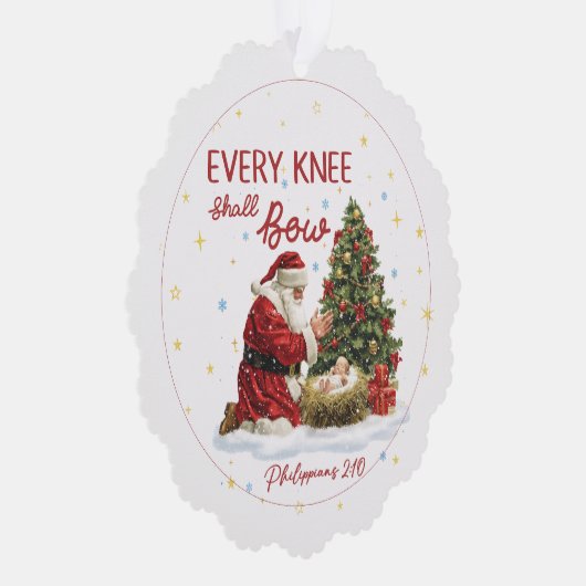 Every Knee Shall Bow Santa and Nativity Christmas Ornament Karte (Rechts)