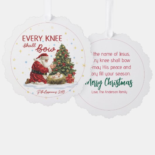 Every Knee Shall Bow Santa and Nativity Christmas Ornament Karte (Vorderseite/Rückseite)