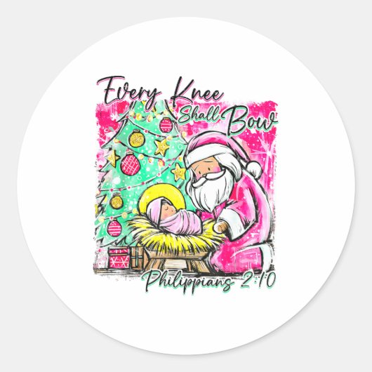 Every Knee Shall Bow Santa Christmas Nativity Scen Runder Aufkleber (Vorderseite)