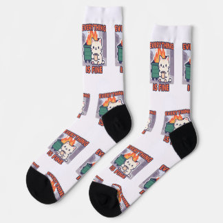 Everything is fine cat with coffee dumpster fire socken