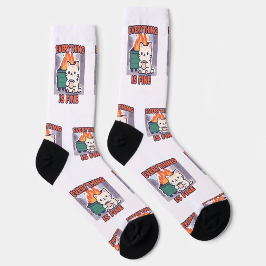 Everything is fine cat with coffee dumpster fire socken (Rechts)