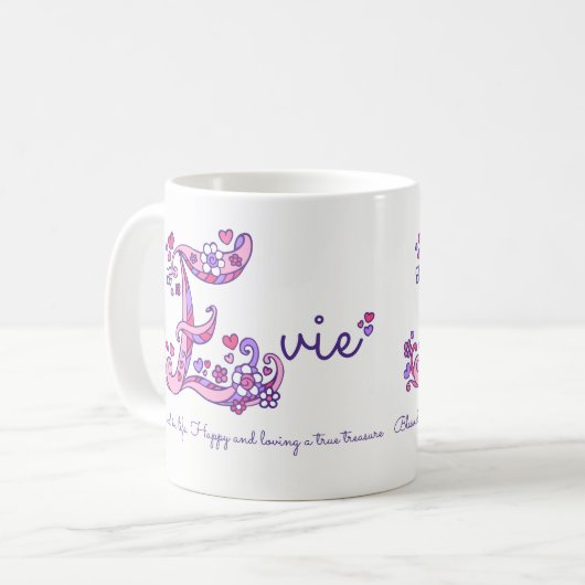 Evie dekorative E Monogramm-Tasse Namensbedeutung Kaffeetasse (Vorderseite Links)