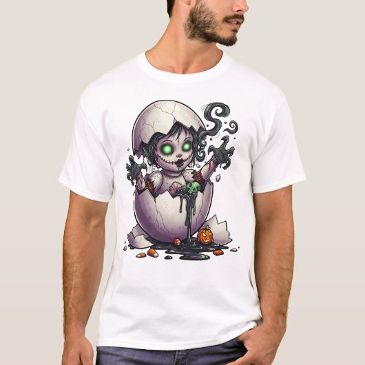 Evil Baby Witch Cracked Egg Halloween Tee (Vorderseite)
