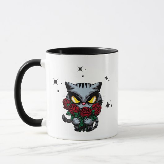 Evil Black Cat Holding Rose Cool Dunkle Sterne Tasse (Links)
