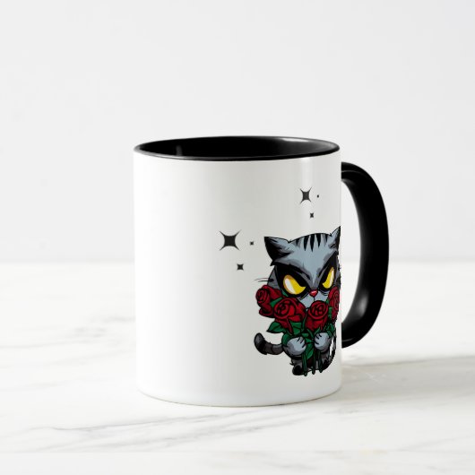 Evil Black Cat Holding Rose Cool Dunkle Sterne Tasse (VorderseiteRechts)