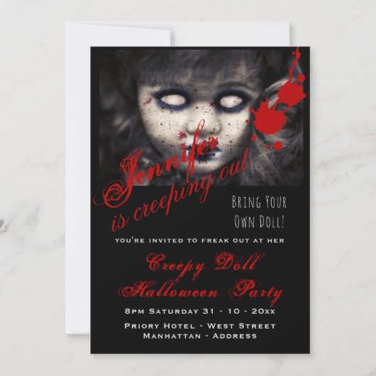 EVIL DOLL Halloween Einladung Tote Creepy Beängsti (Vorderseite)