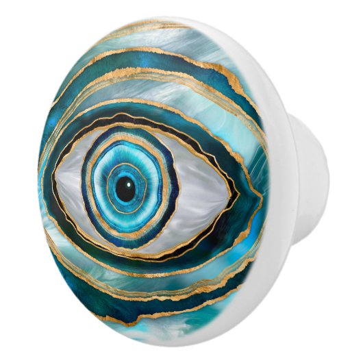 Evil Eye Amulet Aquarellmarmor und Gold Keramikknauf (Rechts)