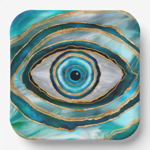 Evil Eye Amulet Aquarellmarmor und Gold Pappteller
