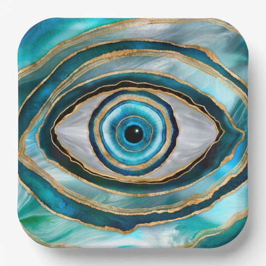 Evil Eye Amulet Aquarellmarmor und Gold Pappteller (Vorderseite)