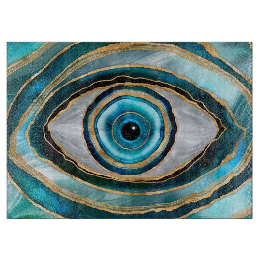 Evil Eye Amulet Aquarellmarmor und Gold Schneidebrett (Vorderseite)