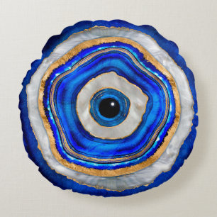 Evil Eye Aquarellfarbe und Gold Rundes Kissen
