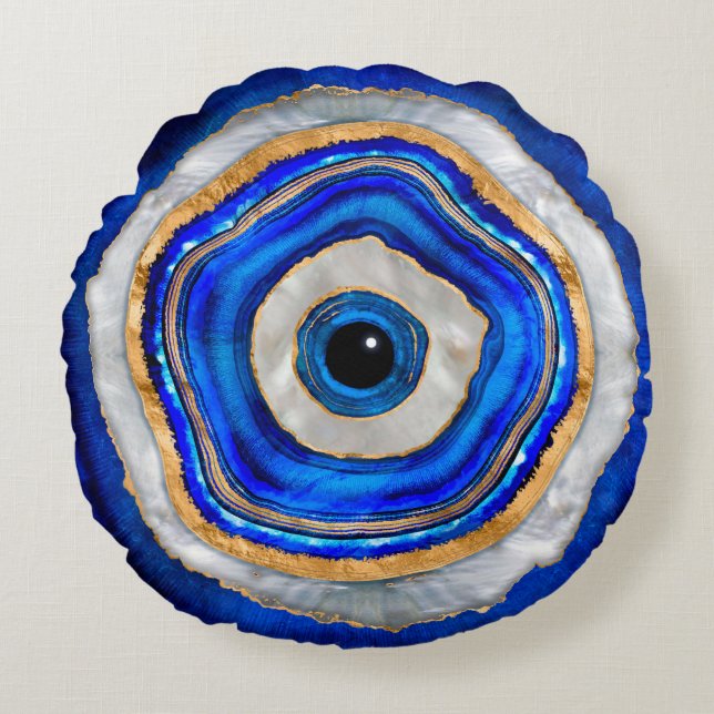Evil Eye Aquarellfarbe und Gold Rundes Kissen (Vorderseite)