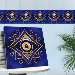 Evil Eye Ornament Gold und Blauer Marmor Fliese