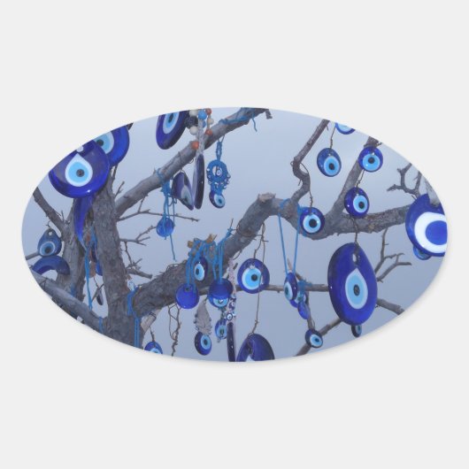 Evil Eye Tree, Blue Nazar Amulet Charme Accessoire Ovaler Aufkleber (Vorderseite)