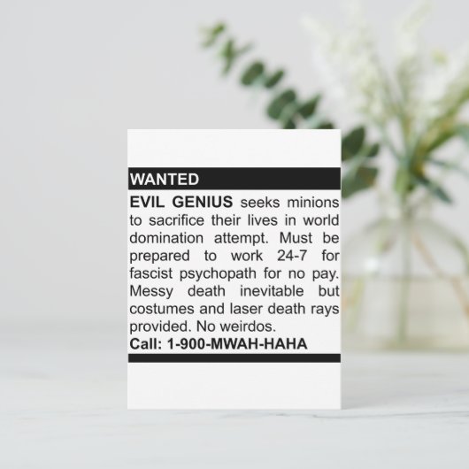 Evil Genius Ad Postkarte (Stehend Vorderseite)